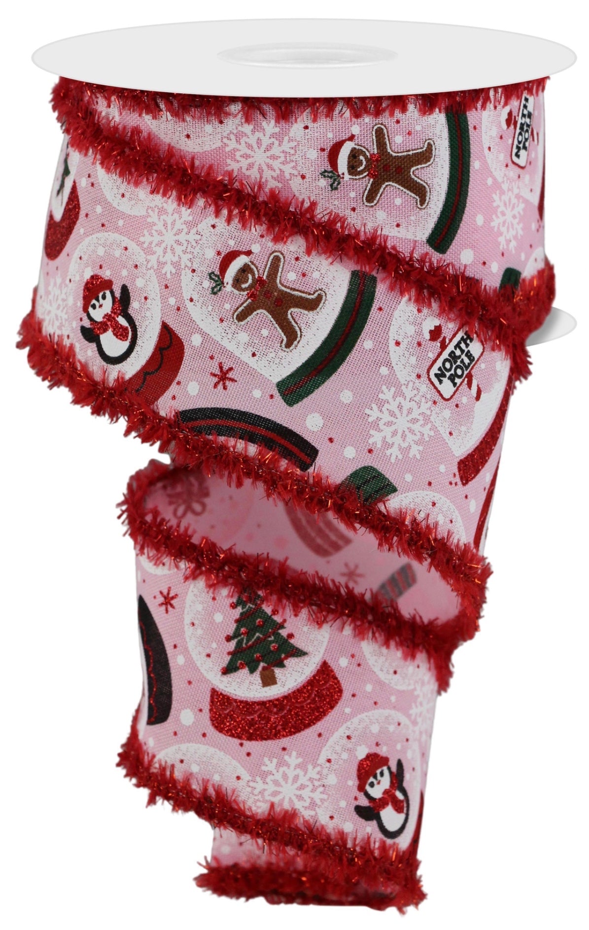 10 Yards - 2.5” Wired Pink Background Winter Snow Globe Ribbon with Glitter Accent and Snowdrift Edge