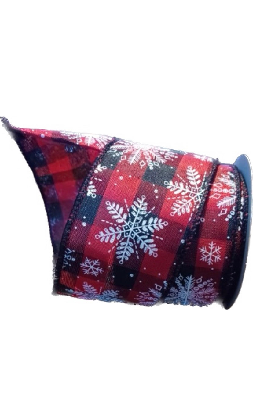 Wired Buffalo Plaid White Snowflake Ribbon-2.5”x10 Yards