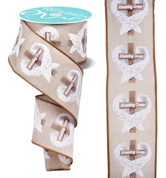 Wired Amazing Grace Cross with Wings Ribbon- 2.5”x10 Yards