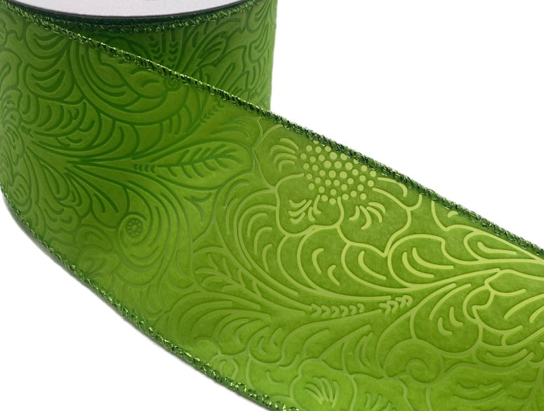 10 Yards - 2.5” Wired Lime Green Floral Embossed Ribbon