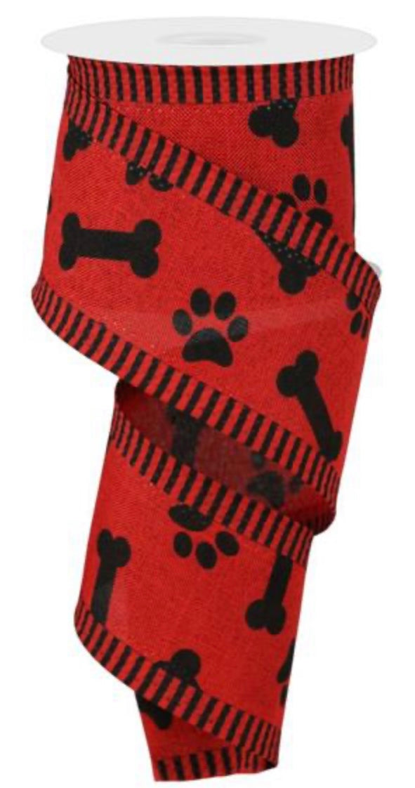 10 Yards - 2.5” Wired Red and Black Paw Print Dog Bone Ribbon