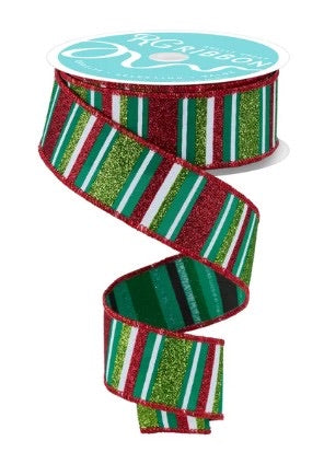 Wired Red, Green, and White Horizontal Stripe Glitter Accent Ribbon- 1.5”x10 Yards