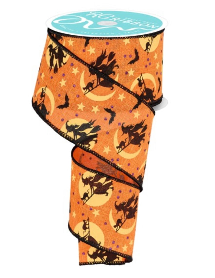 10 Yards - 2.5” Wired Orange Witch On The Moon Halloween Ribbon