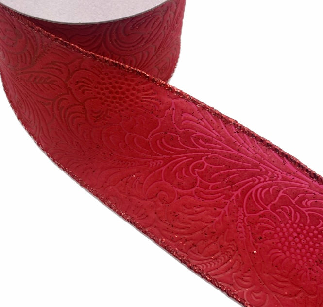 10 Yards - 2.5” Wired Red with Glitter Floral Embossed Ribbon