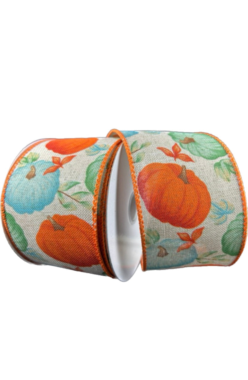 Wired Fall Pumpkins on Poly Linen Ribbon- 2.5”x10 Yards