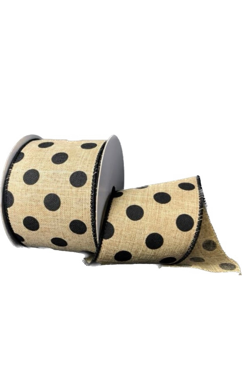 10 Yards - 2.5” Wired Black Dot On Natural Ribbon