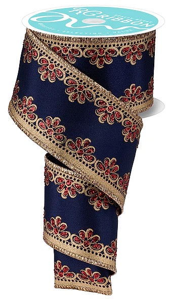 Wired Black and Gold Red Jewel Luxurious Scallop Trim Ribbon- 2.5”x10 Yards