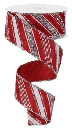 Wired Red and White Silver Glitter Swirl Stripe Ribbon- 1.5”x10 Yards