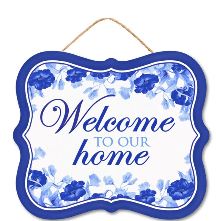 10.5”x9” Blue and White Floral Welcome to Our Home Wreath Sign