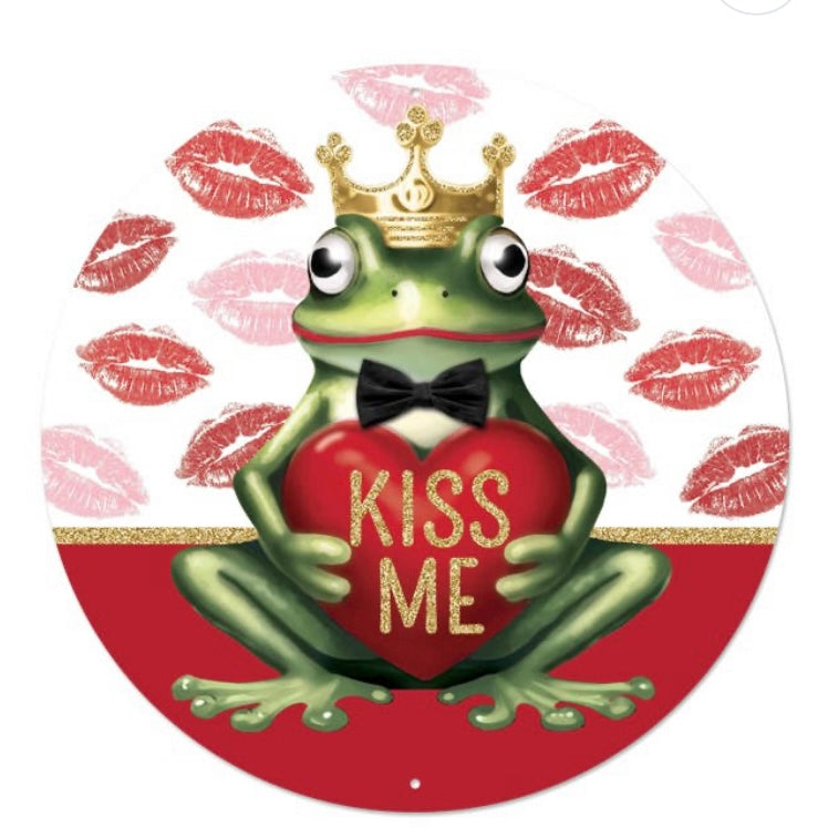 12" Round Metal Kiss Me Frog Valentines Wreath Sign
