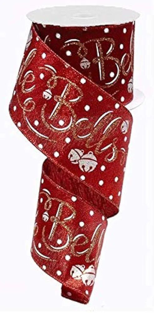 10 Yards - 2.5” Wired Red, White and Gold Glitter Jingle Bells Christmas Ribbon