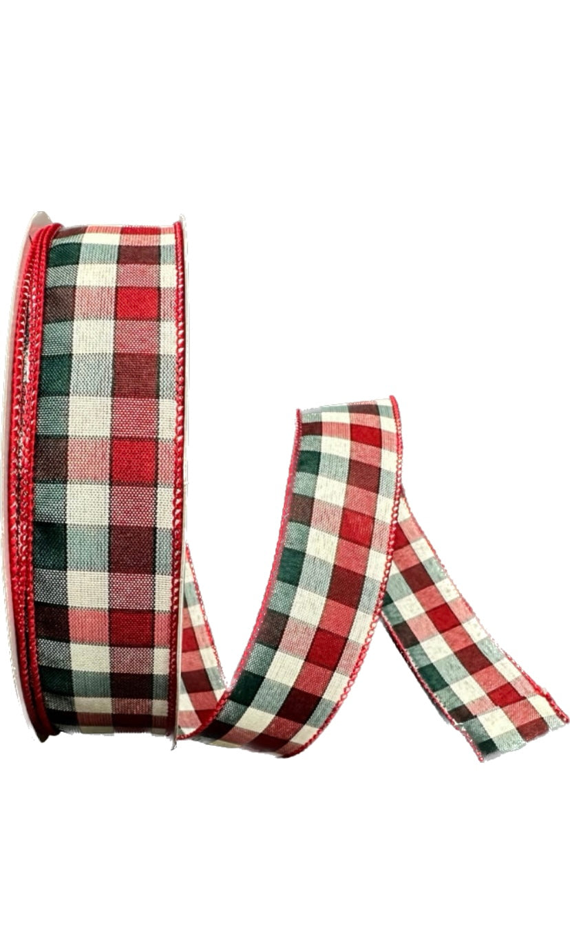 Wired Red Hunter Ivory Check Plaid Ribbon- 1.5”x50 Yards