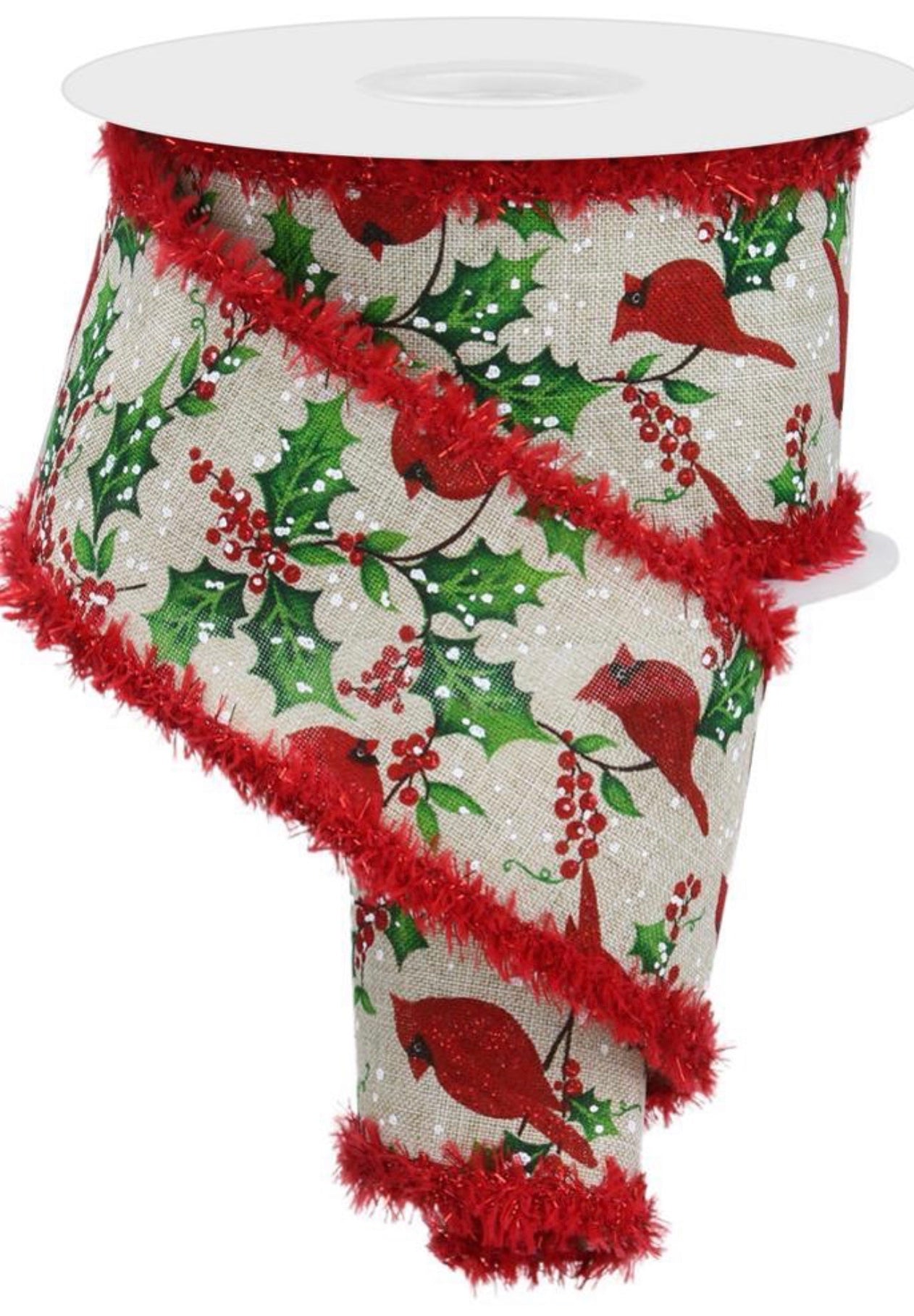 10 Yards - 2.5” Wired Natural Background Cardinal Holly Berry Christmas Ribbon with Glitter Accent and Red Drift Edge