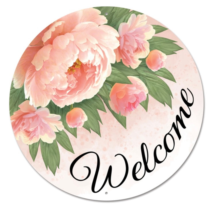 12" Round Metal Floral Welcome Wreath Sign
