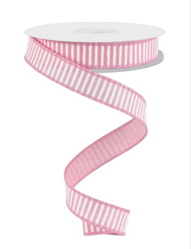 10 Yards - 5/8” Wired Pink and White Stripe Ribbon