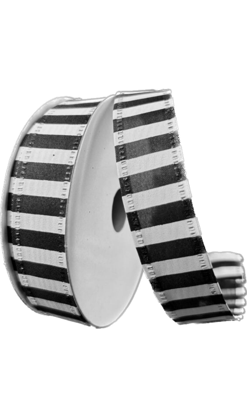 Wired Black Satin White Stripe Ribbon- 7/8”x10 Yards