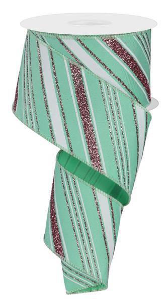Wired Mint Green, White, and Pink Glitter Swirl Stripe Ribbon- 2.5”x10 Yards