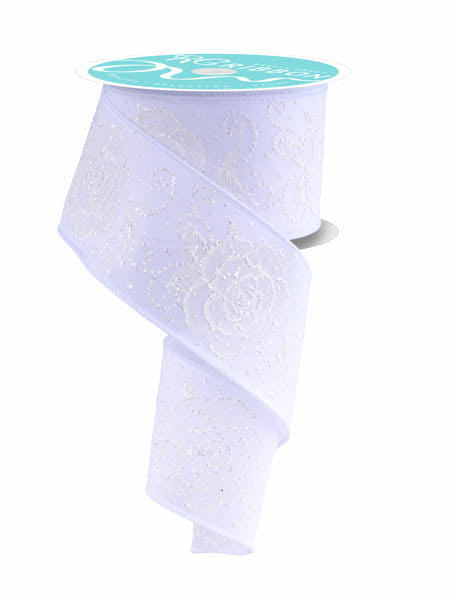 10 Yards - 2.5” Wired Raised Roses White Floral Ribbon