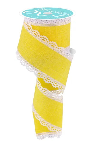 Wired Yellow Ribbon with White Lace Edge-2.5”x10 Yards