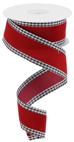 Wired Burgundy Velvet with Black and White Check Edge- 1.5”x10 Yards