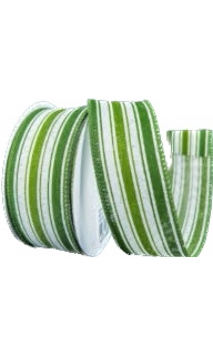 Wired Green and White Linen Ticking Stripe Ribbon-1.5”x10 Yards