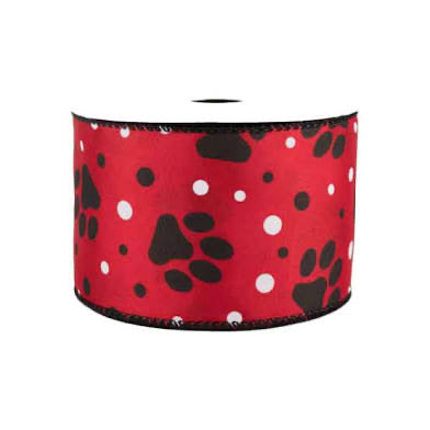 Wired Red, Black, and White Paw Print Dog Ribbon-2.5”x10 Yards