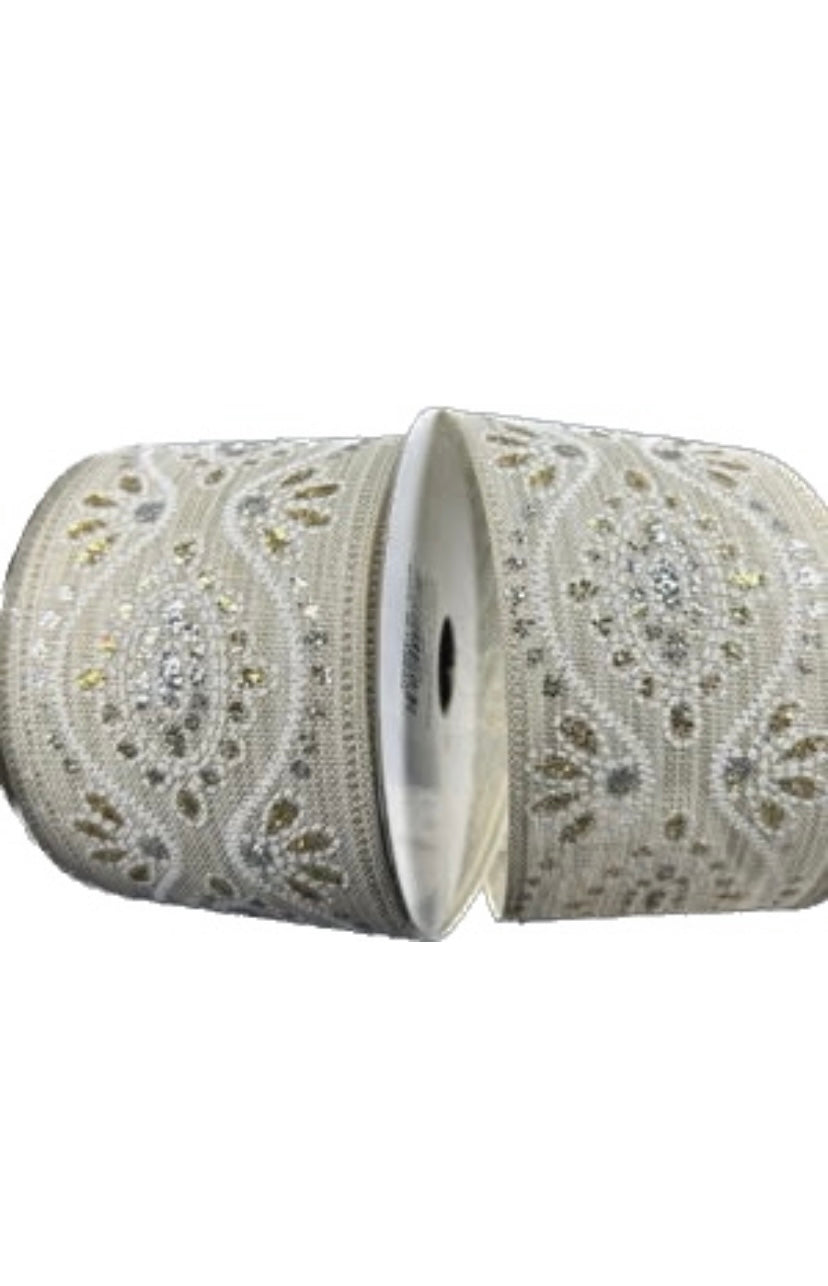 Wired Cream and White with Gold Accent Deluxe Wavy Floral Ribbon