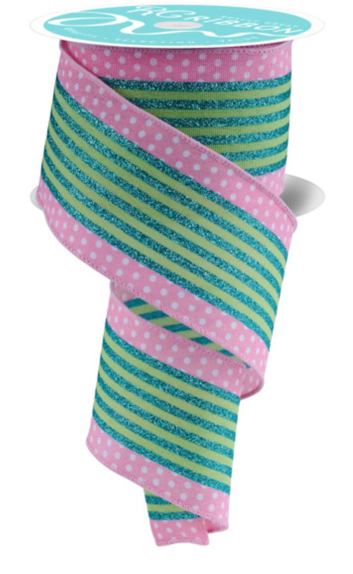 10 Yards - 2.5" Teal Stripes and Polka Dots on Pink Background Ribbon
