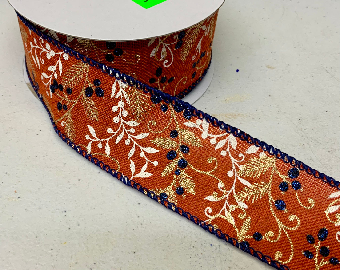Wired Orange Leaves with Navy Blueberries on Poly Linen Ribbon- 1.5”x10 Yards