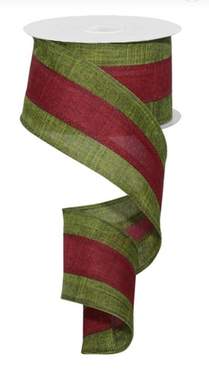 Wired Dark Moss and Burgundy Stripe Ribbon- 2.5”x10 Yards