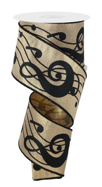 10 Yards - 2.5” Wired Black and Metallic Gold Music Note Ribbon