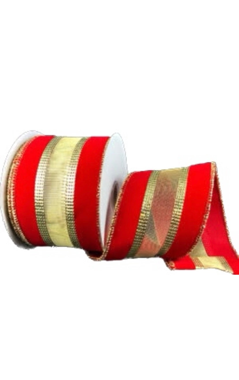 Wired Red Velvet Ribbon with Gold Glitter Stripe-2.5”x10 Yards