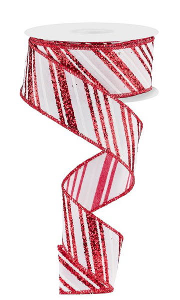 Wired Red and White Glitter Swirl Stripe Ribbon- 1.5”x10 Yards