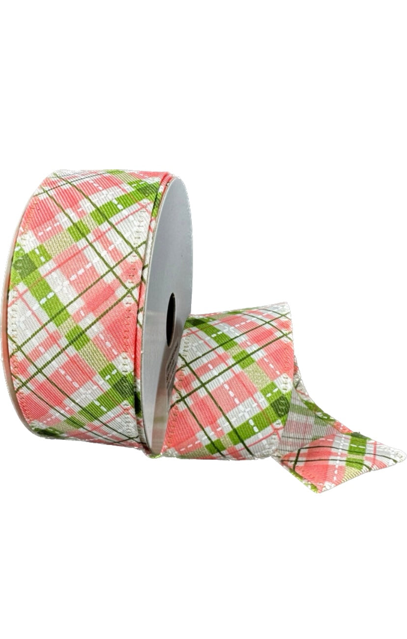 10 Yards - 1.5” Wired Coral, Green, and White Diagonal Cabot Printed Plaid Ribbon