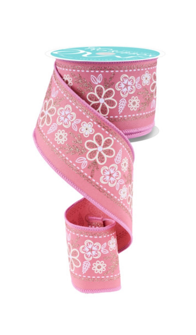 10 Yards - 2.5” Wired Dusty Pink, Champagne, and White Floral Ribbon