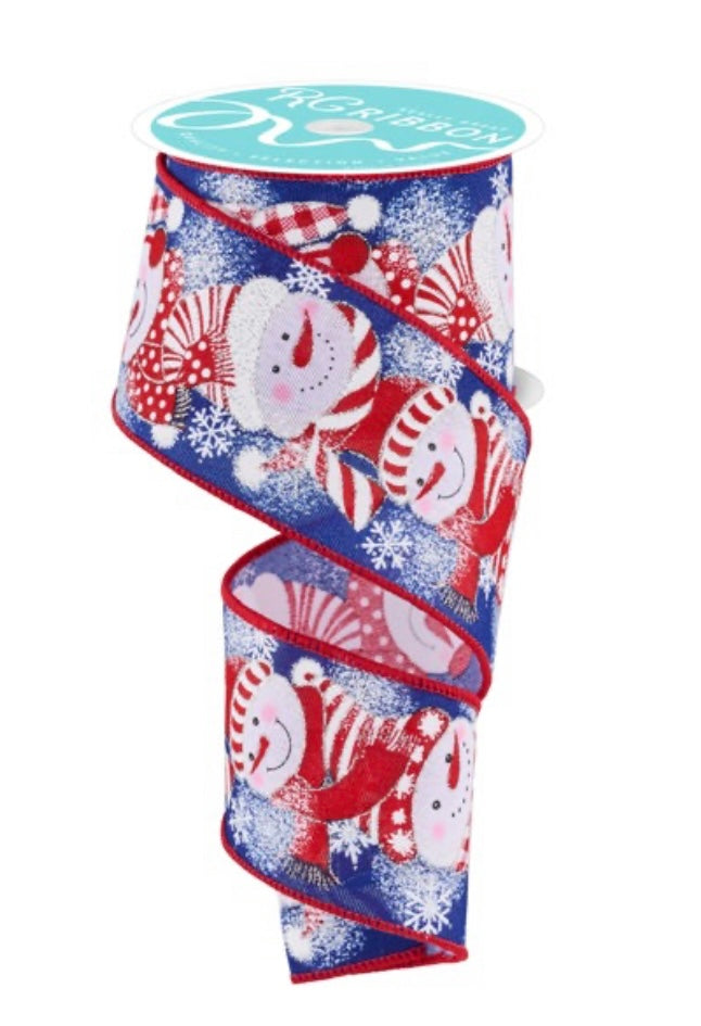 Wired Snowman on Navy Background Glitter Accent Ribbon- 2.5”x10 Yards