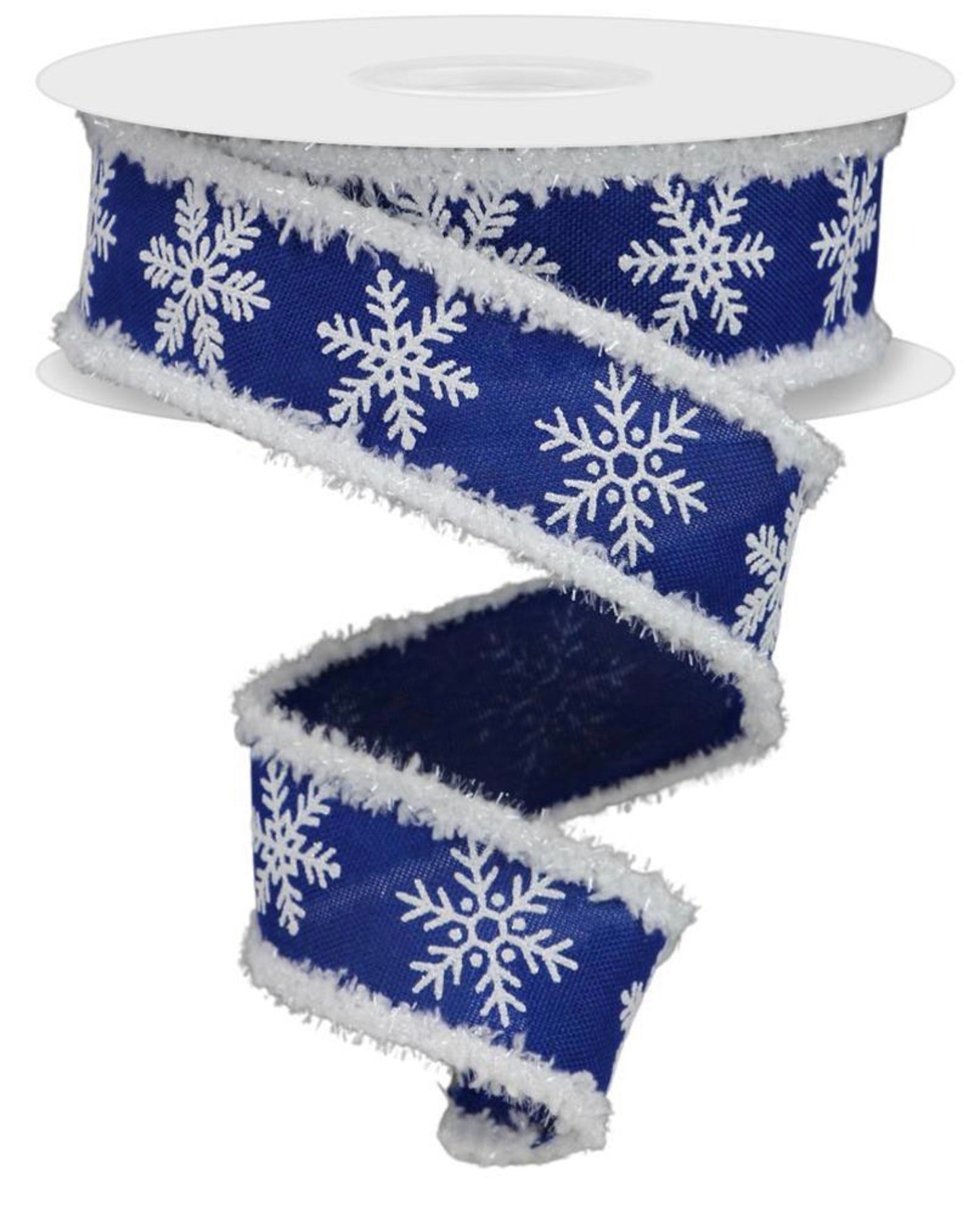 Wired Royal Blue and White Glitter Snowflake Ribbon with Snowdrift Edge- 1.5”x10 Yards
