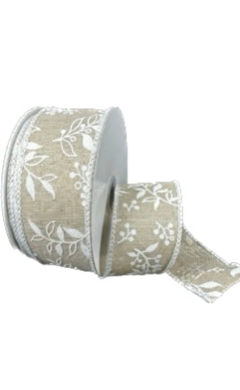 Wired Natural Linen White Foilage Ribbon-1.5”x10 Yards