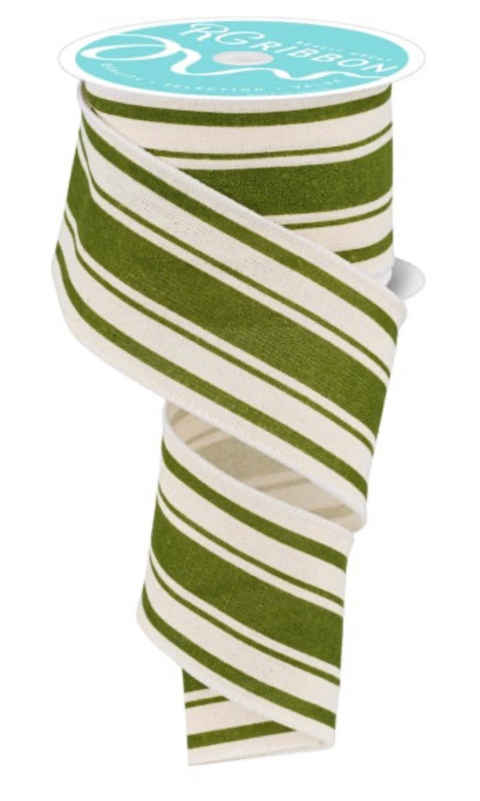 Ivory and Moss Green Farmhouse Stripe Ribbon- 2.5”x10 Yards