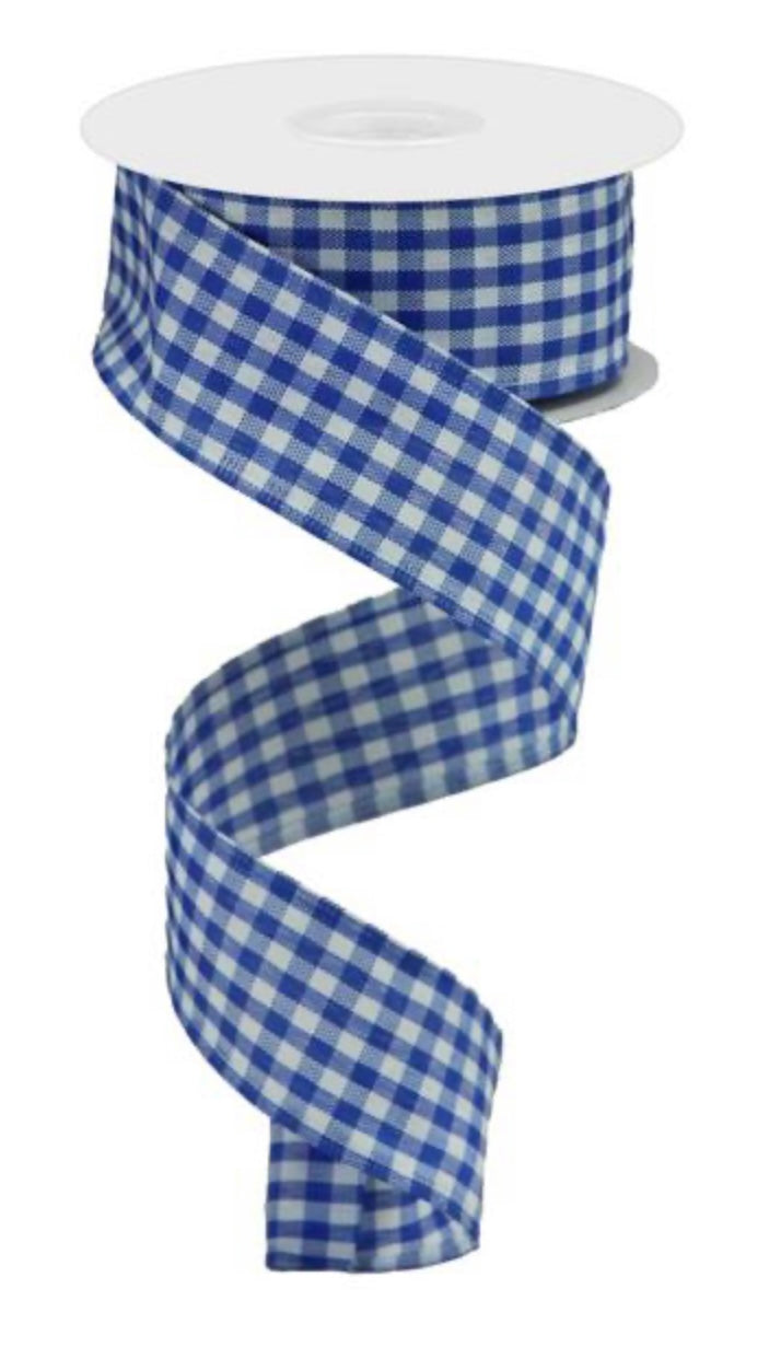 10 Yards - 1.5” Wired Blue and White Gingham Check Ribbon