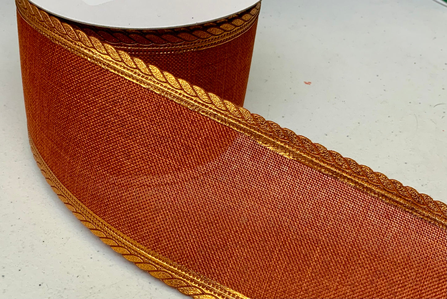 Wired Rust Linen Orange Metallic Scalloped Edge Ribbon- 2.5”x10 Yards