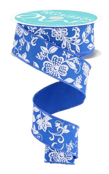 Wired Royal Blue and White Flower Ribbon- 2.5”x10 Yards