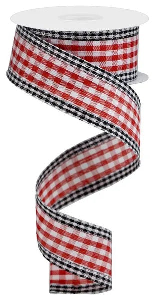 Wired Red and White Gingham Check Ribbon with Black and White Check Edge - Spring Ribbon - Summer Ribbon- 1.5” x10 Yards