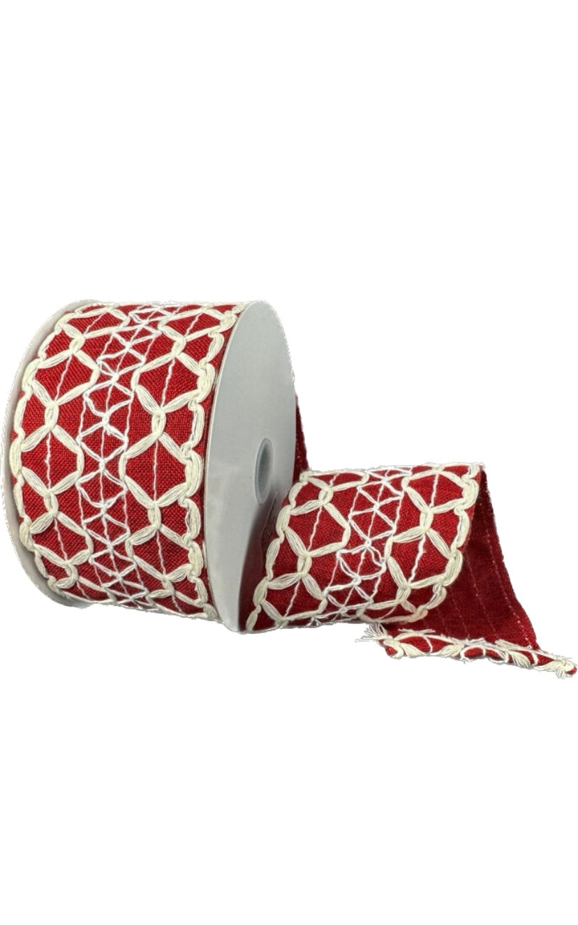 Wired Ivory Scalloped Burlap Dark Red Linen Ribbon-2.5”x10 Yards