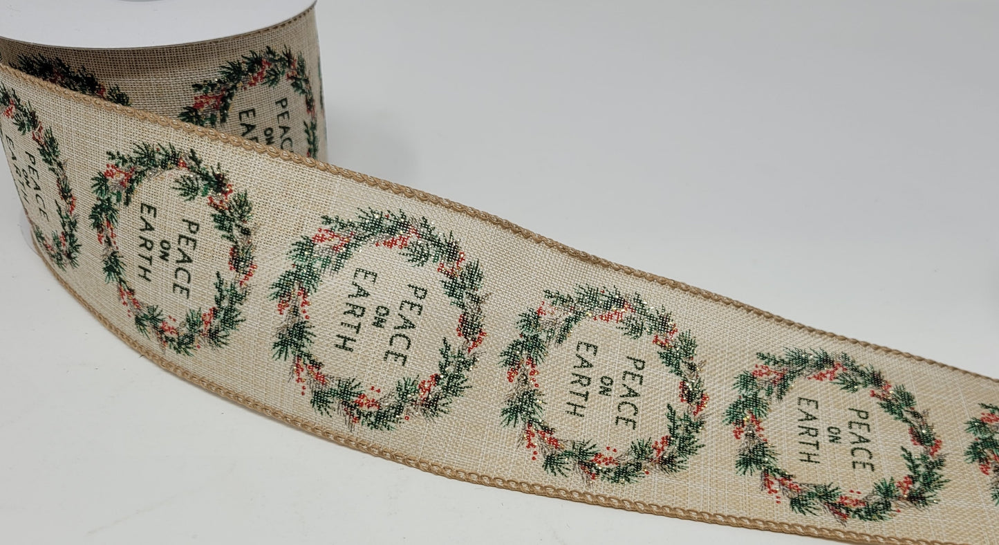 10 Yards - 2.5” Wired Peace on Earth Christmas Wreath Ribbon with Glitter Accent