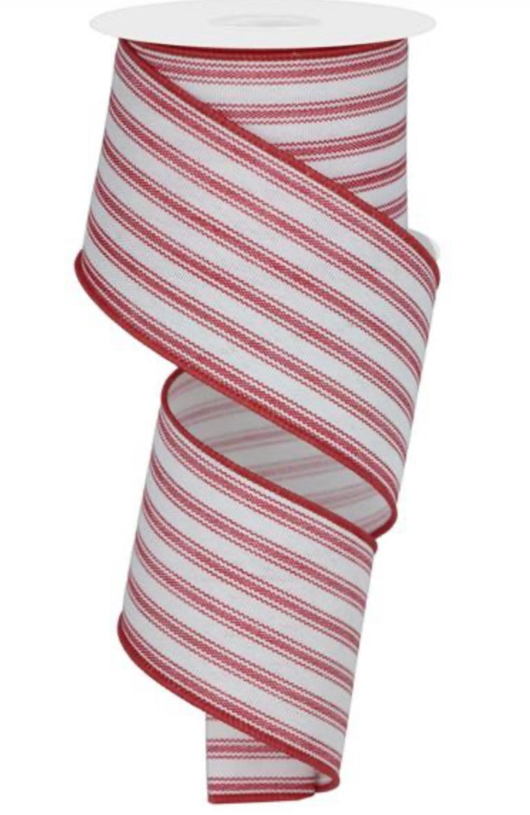 10 Yards - 2.5” Wired Red and White Ticking Stripes Ribbon