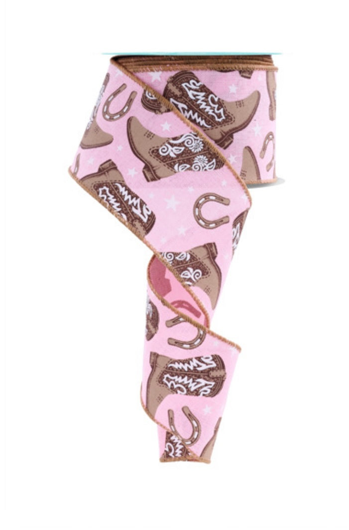 10 Yards - 2.5" Wired Pink Background Cowboy Boots Ribbon