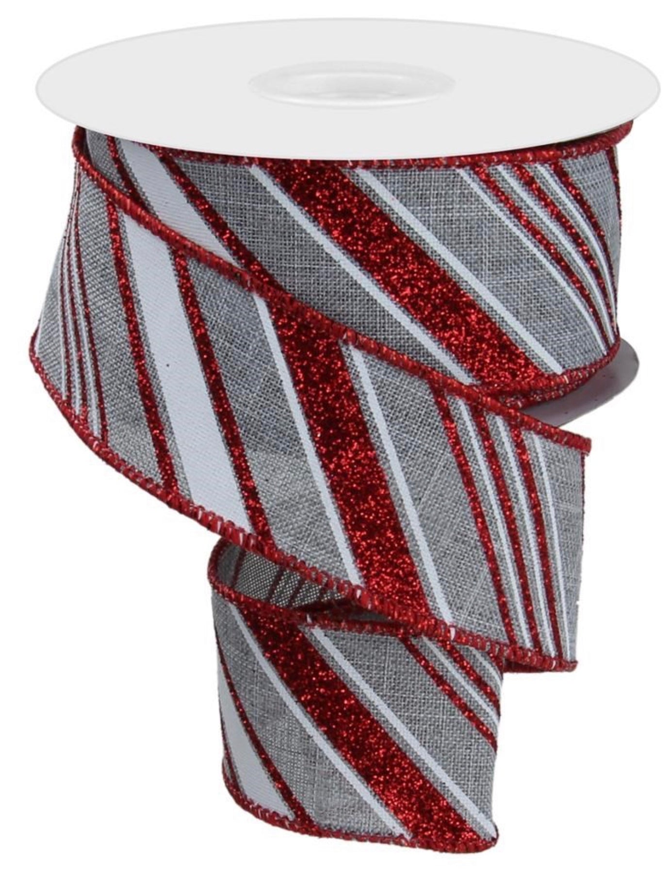 10 Yards - 1.5” Wired Red, Gray, and White Swirl Stripe Ribbon