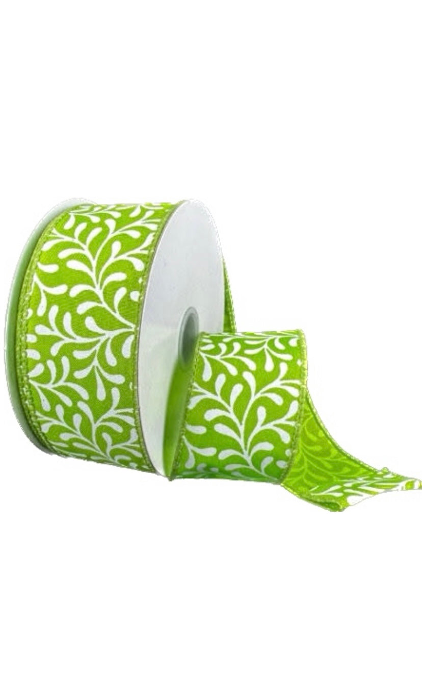 Wired Green Satin White Rounded Vines Ribbon- 1.5”x 10 Yards