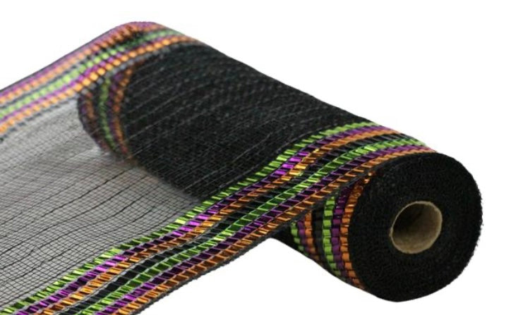 10.5 inch x 10 Yards Black with Orange, Purple and Green Foil Stripe Metallic Mesh